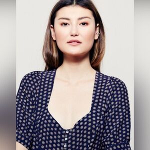 Free People Navy Floral Patterned Blouse